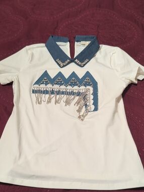 White T-Shirt with Denim Collar and Beaded Fringe Detail